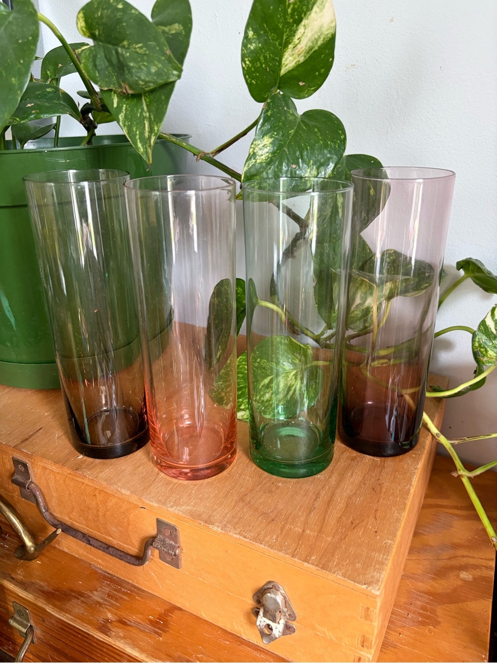 Set of 4 Vintage MCM Colourful Harlequin Tall Glass Tumblrs